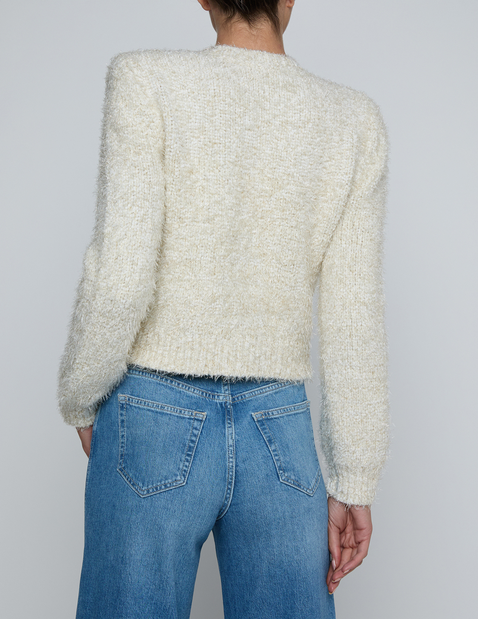Back view L'Agence Una Knit Metallic Cardigan in Ivory Gold Multi
