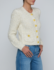 Side view of L'Agence Una Knit Metallic Cardigan in Ivory Gold Multi 