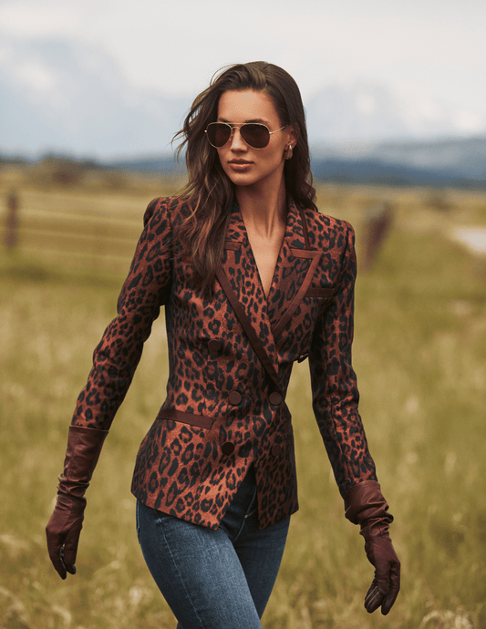 Lifestyle image of L'AGENCE Kyomi Leopard Double Breasted Blazer