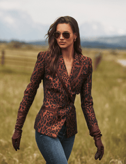 Lifestyle image of L'AGENCE Kyomi Leopard Double Breasted Blazer