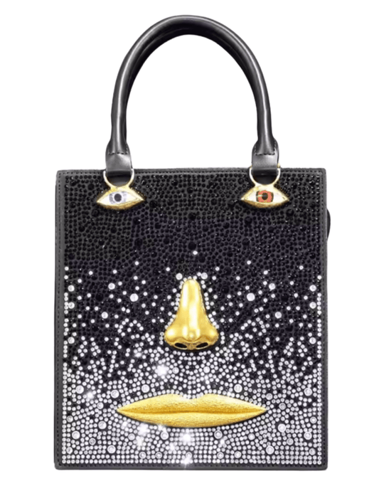 MAISON VERROU Celeste Rhinestone Face Leather Handbag in Black