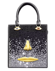 MAISON VERROU Celeste Rhinestone Face Leather Handbag in Black