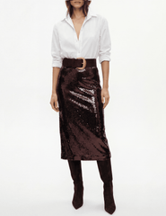 Model wearing L’AGENCE Makena Sequin Pencil Skirt in Dark Espresso