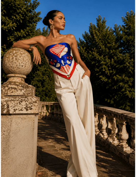 Retrofête Alivia Silk Scarf Top in Santorini Marine
