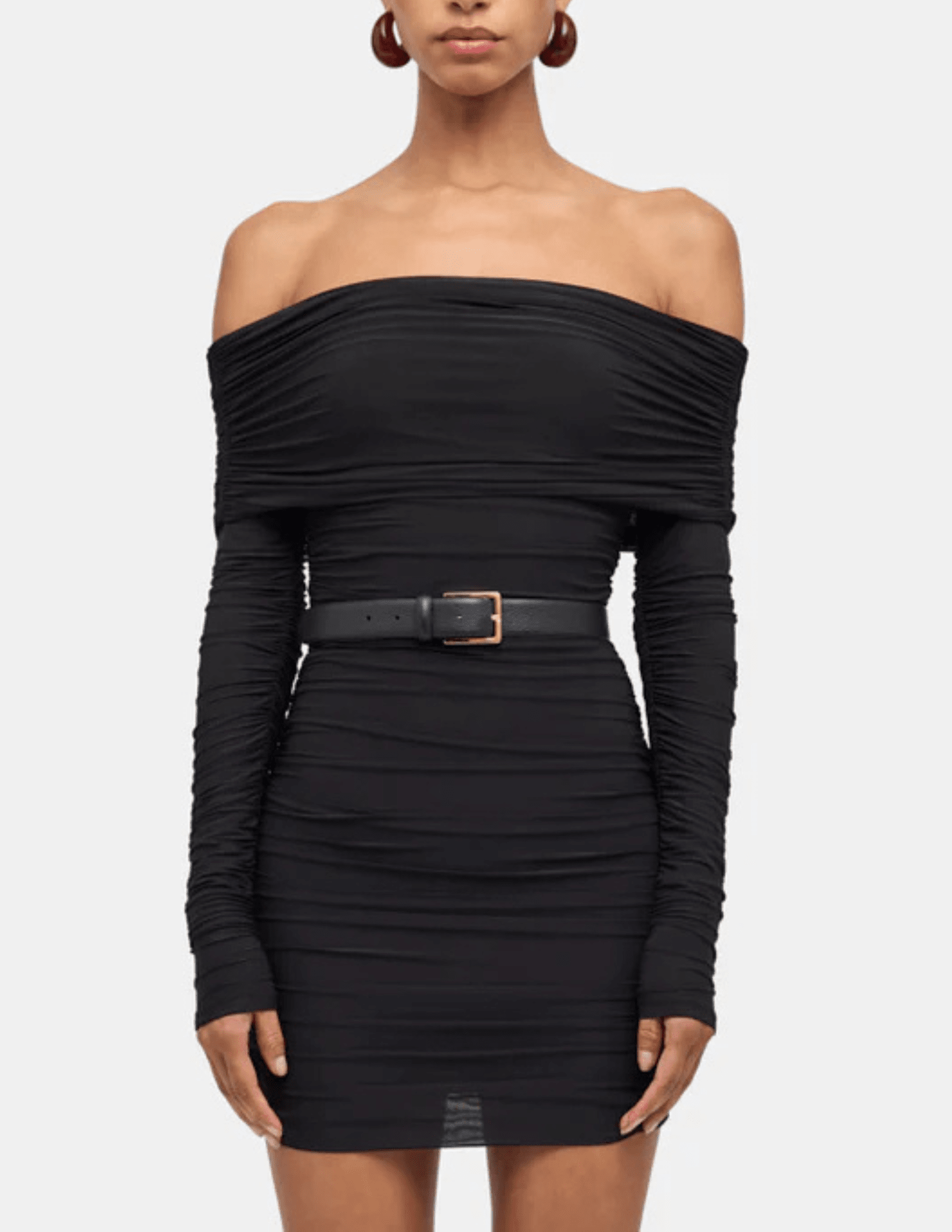 Ronny Kobo Kya Off-Shoulder Long Sleeve Mini Dress in Black Beauty
