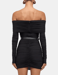 Side view of Ronny Kobo Kya Long Sleeve Mini Dress in Black