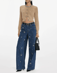 Self-Portrait Crystal Embellished Barrel Jeans in Sky Blue side model view