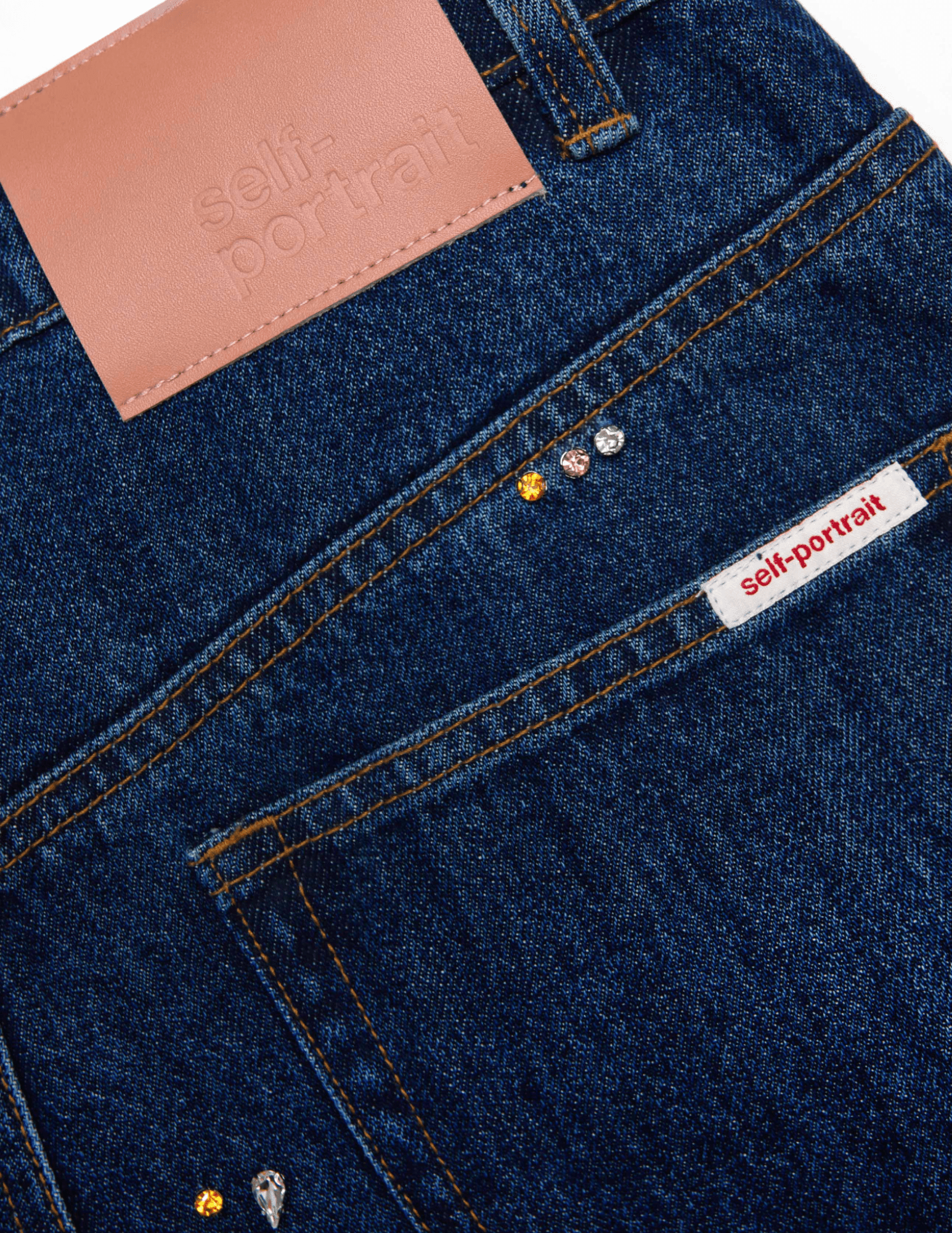 Self-Portrait Crystal Embellished Barrel Jeans in Sky Blue back embellishment detail denim view