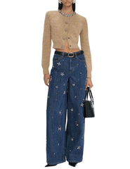 Self-Portrait Crystal Embellished Barrel Jeans in Sky Blue front model view