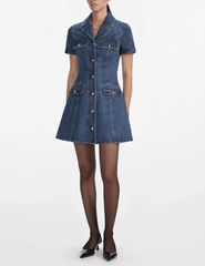 Self-Portrait Denim Flared Mini Dress front model view