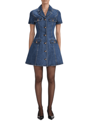 Self-Portrait Denim Flared Mini Dress front model view