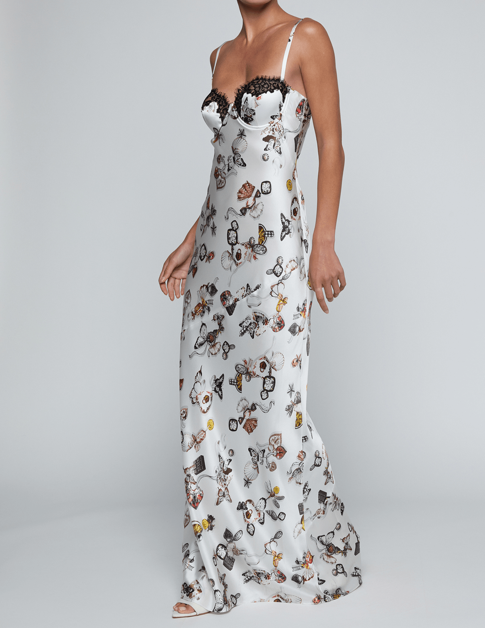 Side view of L'AGENCE Sayla Lace Cup Silk Maxi Dress in Ecru Lock Butterfly