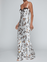 Side view of L'AGENCE Sayla Lace Cup Silk Maxi Dress in Ecru Lock Butterfly