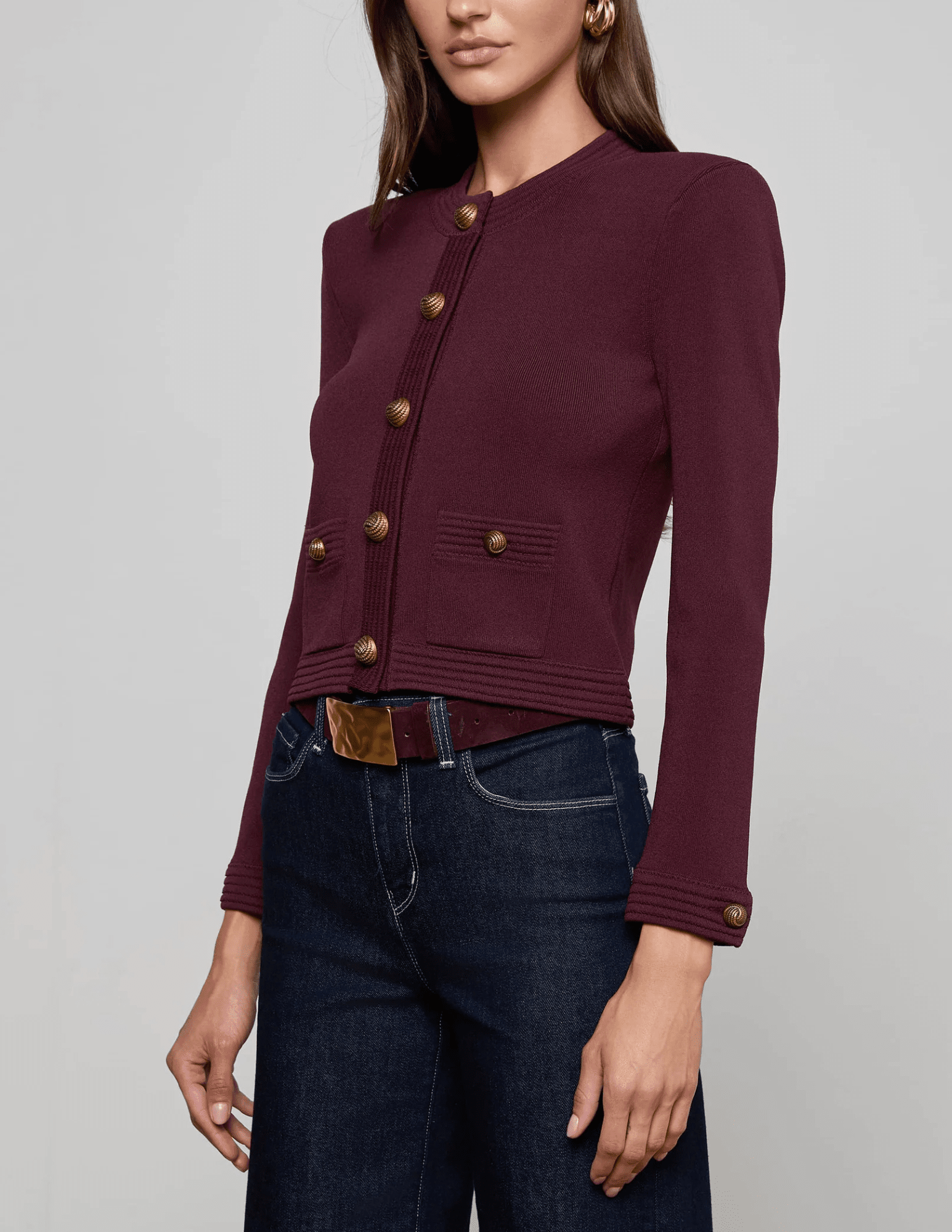 Side view of L’AGENCE Patsy Cropped Cardigan in Malbec Gold
