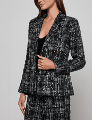 Side view of 'AGENCE Colin Sequin Tweed Double Breasted Blazer in Black Ivory Tweed
