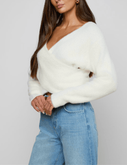 Side view of L'AGENCE Antonella Cross Front Sweater in Ivory