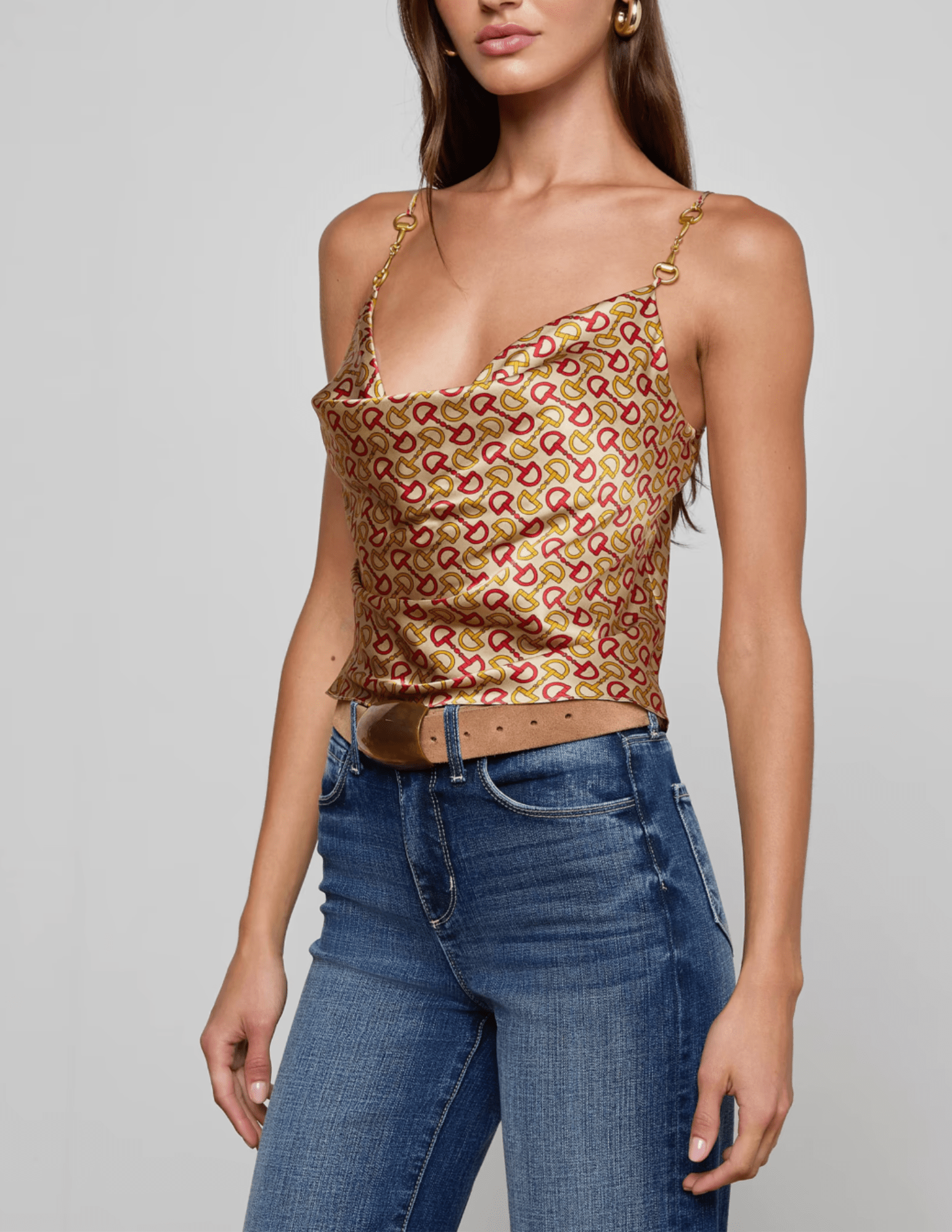 Side view of L'AGENCE Calista Cowl Neck Cami in Multi Allover Horse Bit