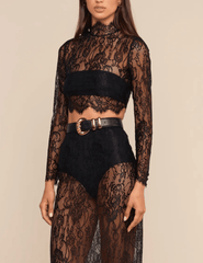 Side view of L'AGENCE Henriette Lace Cropped Long Sleeve Top in Black