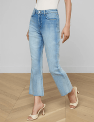 Side view of L'AGENCE Kendra High Rise Crop Flare Jean in Dry Ice