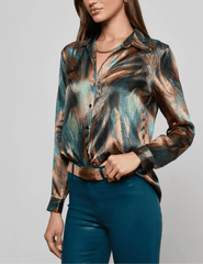 Side view of L'AGENCE L'Agence Tyler Long Sleeve Blouse in Teal Multi Mix Feather