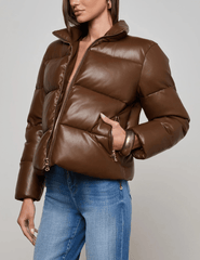 Side view of L’AGENCE Larsen Vegan Leather Puffer Jacket in Carafe Brown