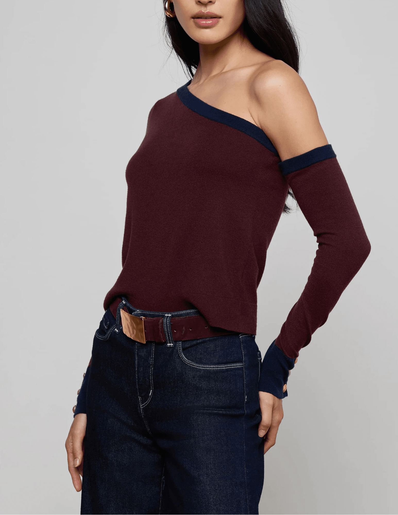 Side view of L'AGENCE Maeva One Shoulder Color-Block Sweater in Malbec Midnight

