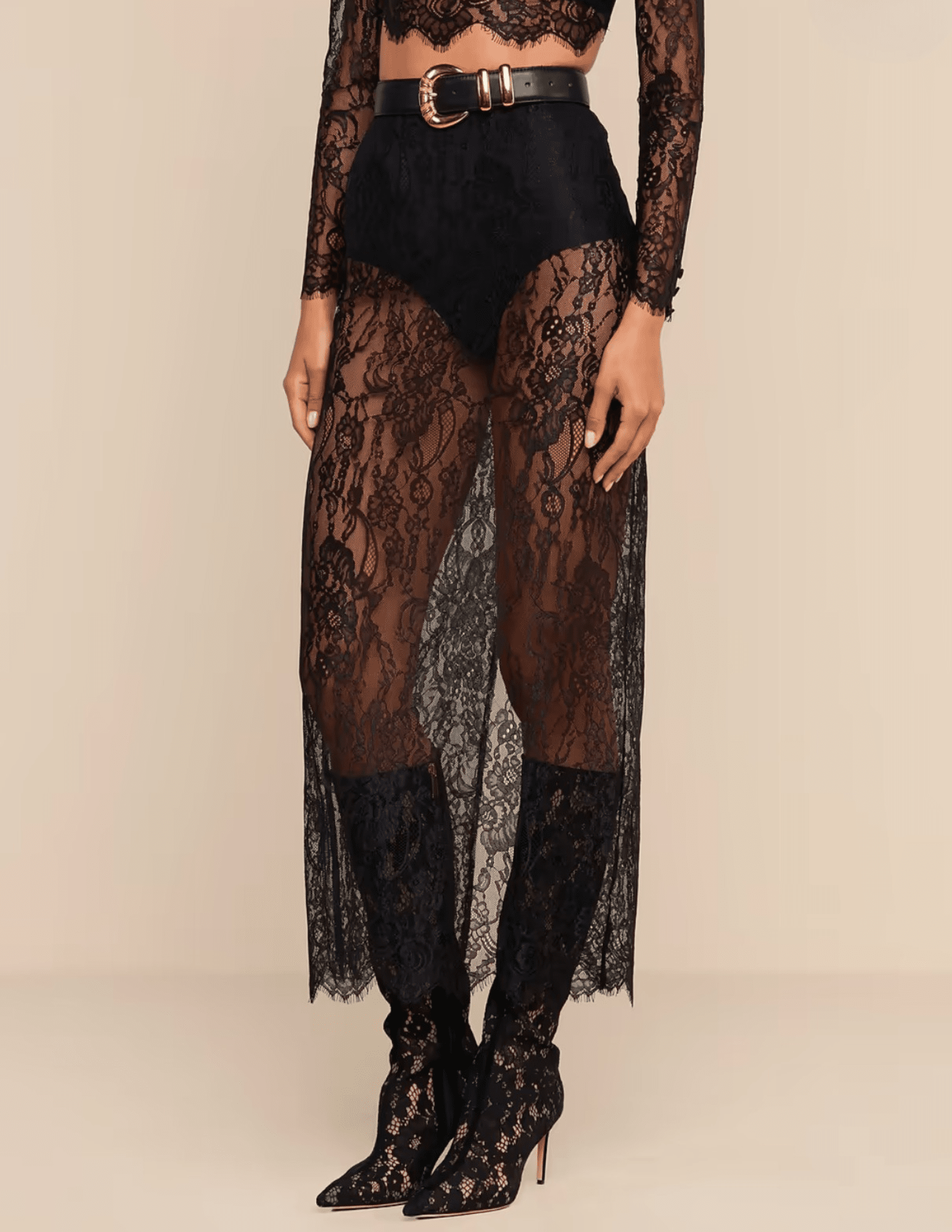 Side view of L'AGENCE Raymonde Lace Maxi Skirt in Black