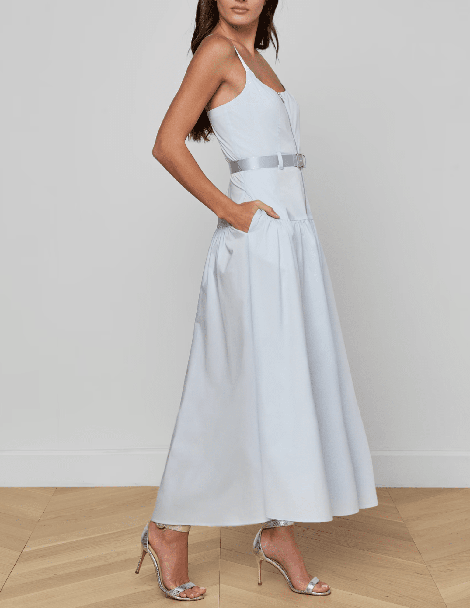 Side view of L'AGENCE Rima Maxi Dress in Pale Mist Blue