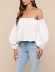 Side view of L'AGENCE Sarai Off Shoulder Puff Sleeve Top in White