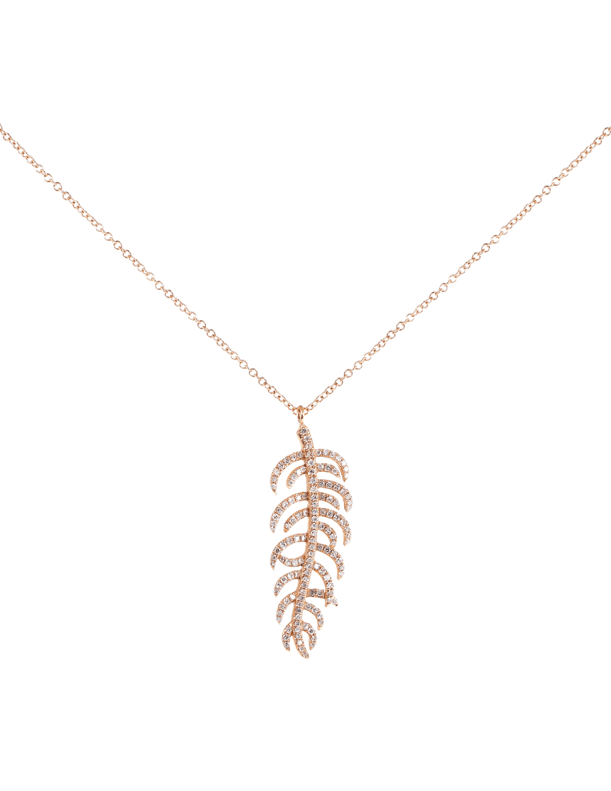 Steven Dann 14K rose gold diamond pavé feather pendant necklace.
