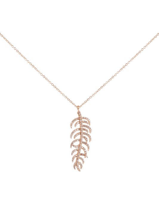 Steven Dann 14K rose gold diamond pavé feather pendant necklace.