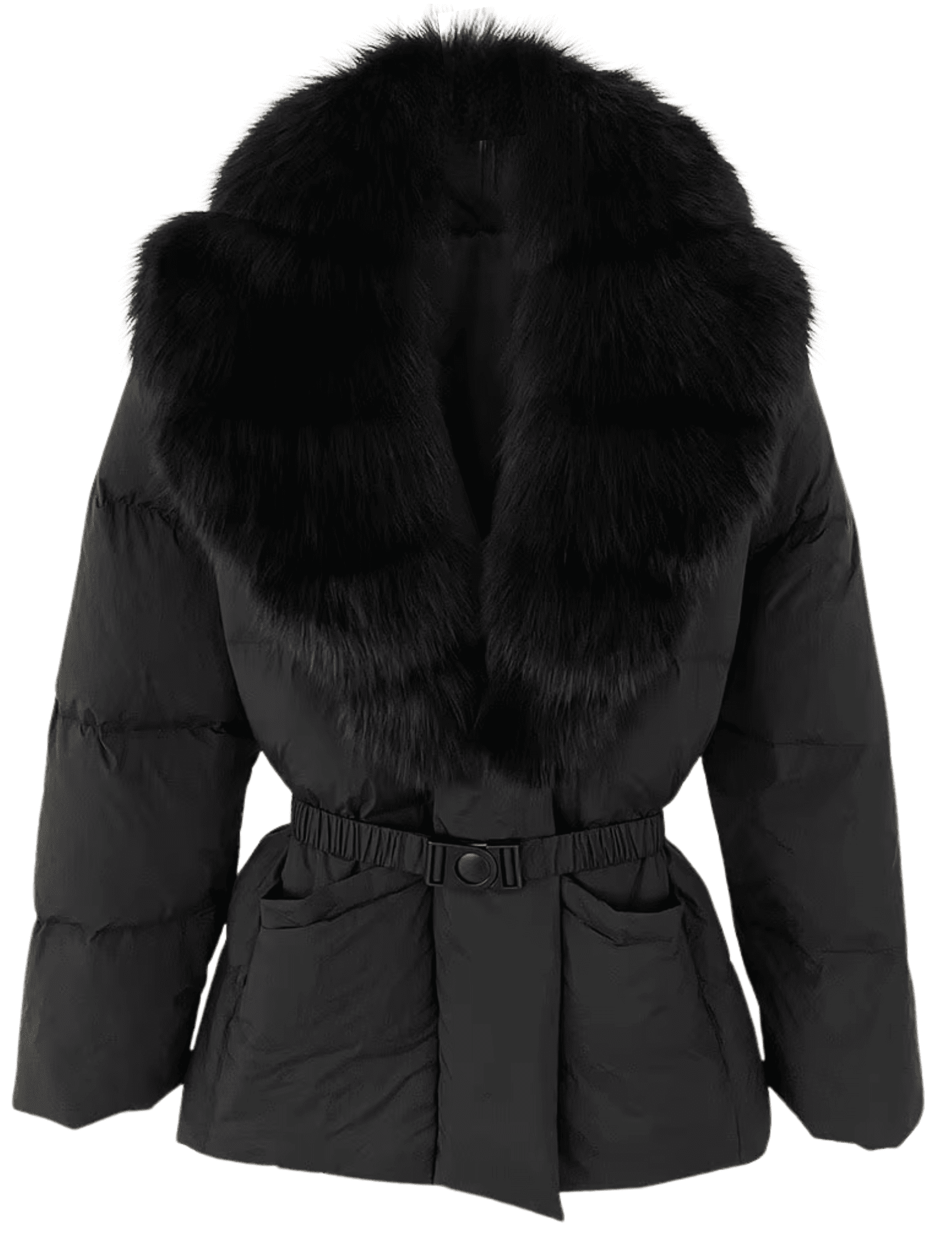 Steven Dann Bria Real Fox Collar Belted Puffer Coat in Black