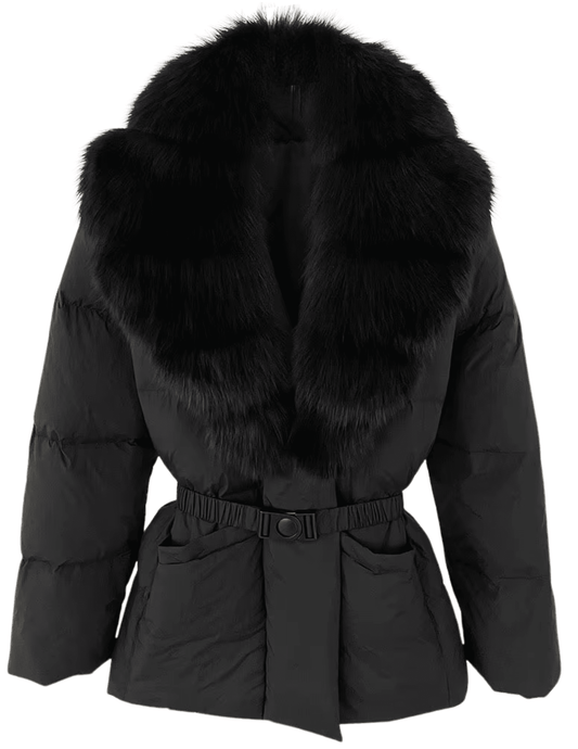Steven Dann Bria Real Fox Collar Belted Puffer Coat in Black