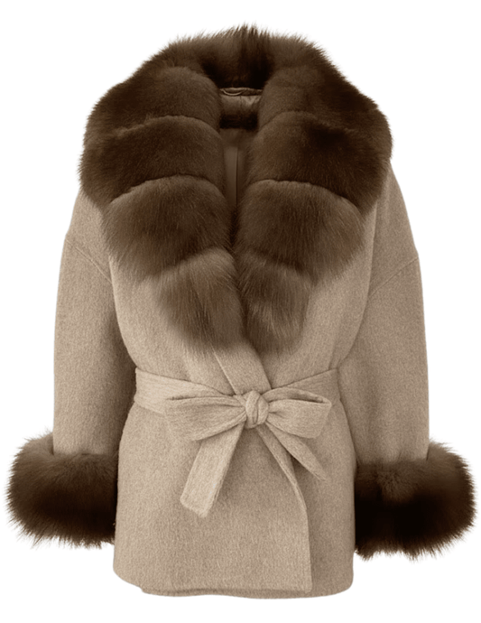 Steven Dann Cori Fox Trim Wool Wrap Coat in Apricot and Sable