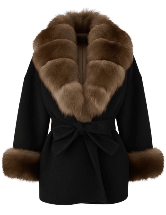 Steven Dann Cori Fox Trim Wool Wrap Coat in Black and Sable