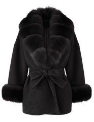 Steven Dann Cori Fox Trim Wool Wrap Coat in Black