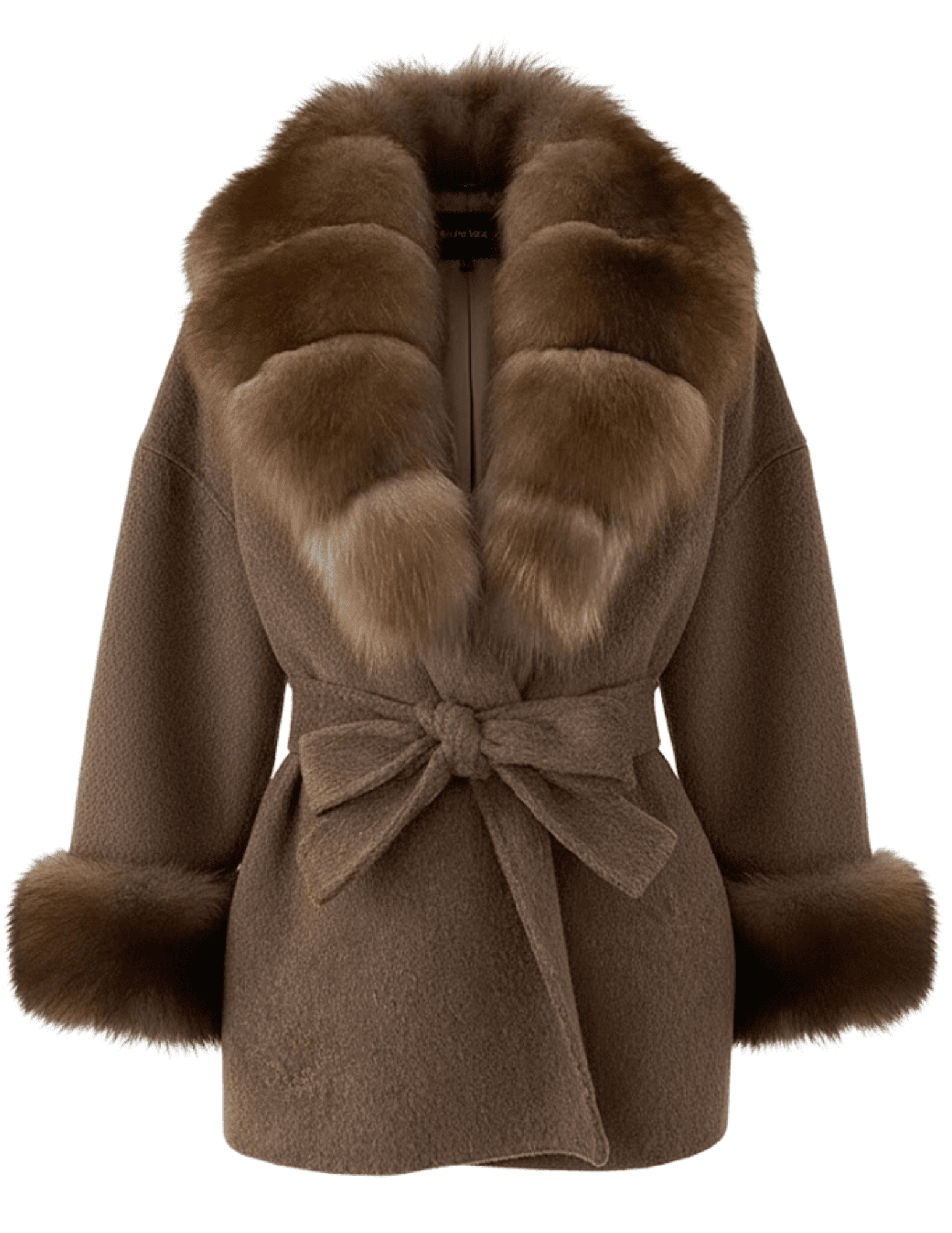 Steven Dann Cori Fox Trim Wool Wrap Coat in Brown and Sable