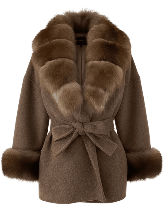 Steven Dann Cori Fox Trim Wool Wrap Coat in Brown and Sable