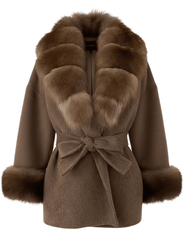 Steven Dann Cori Fox Trim Wool Wrap Coat in Brown and Sable