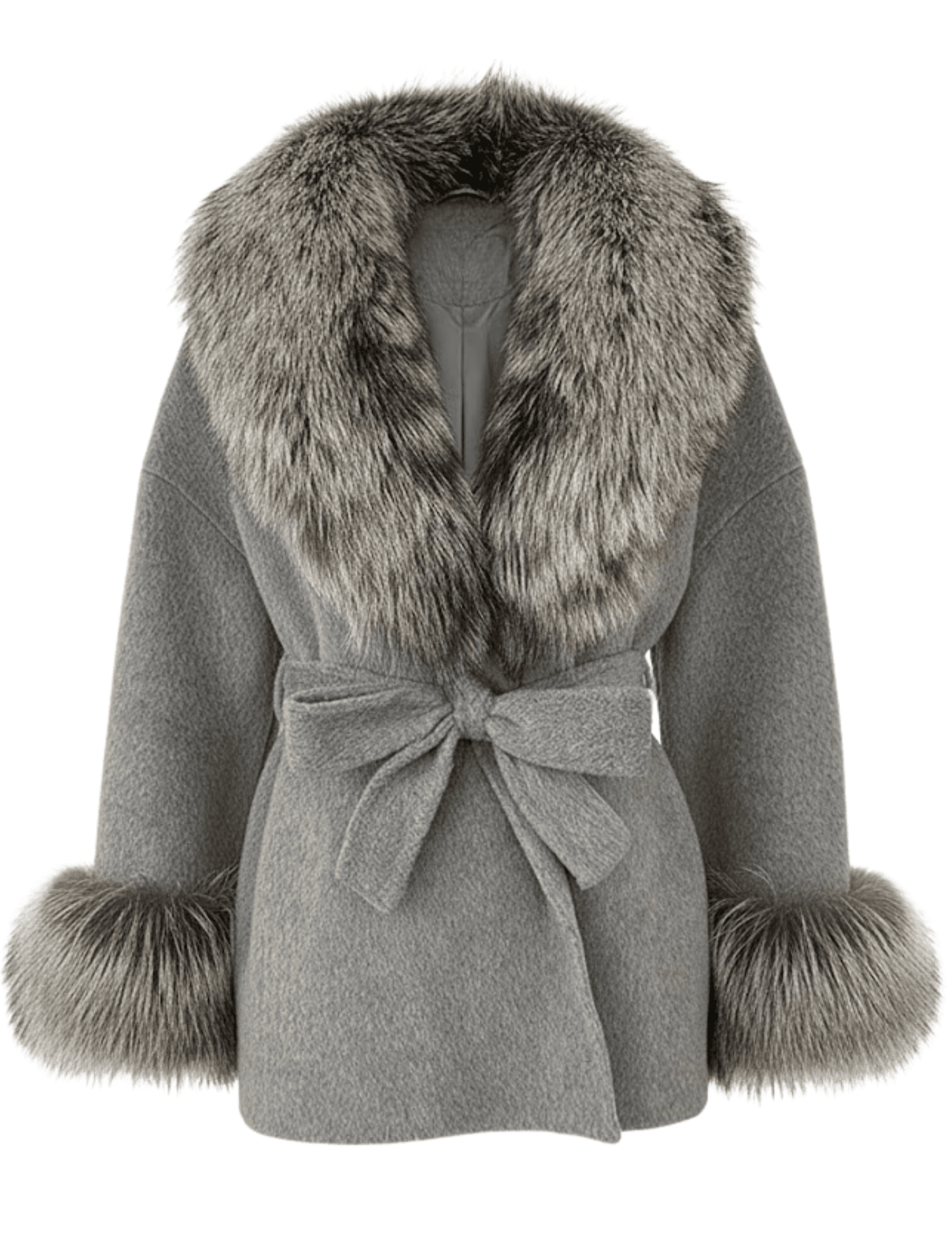 Steven Dann Cori Fox Trim Wool Wrap Coat in Grey and Silver