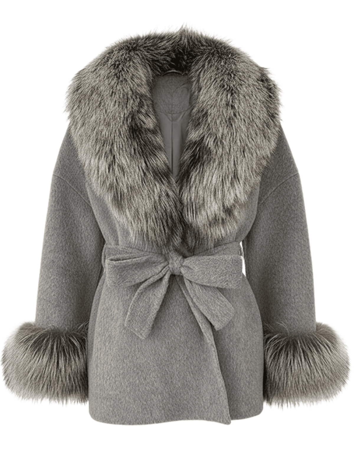 Steven Dann Cori Fox Trim Wool Wrap Coat in Grey and Silver