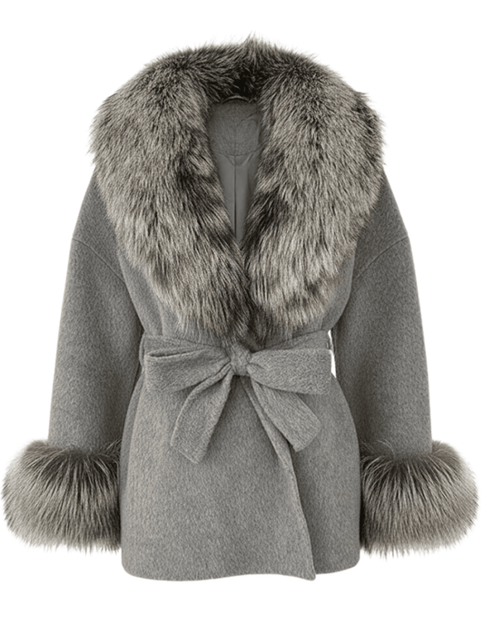 Steven Dann Cori Fox Trim Wool Wrap Coat in Grey and Silver
