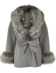 Steven Dann Cori Fox Trim Wool Wrap Coat in Grey and Silver