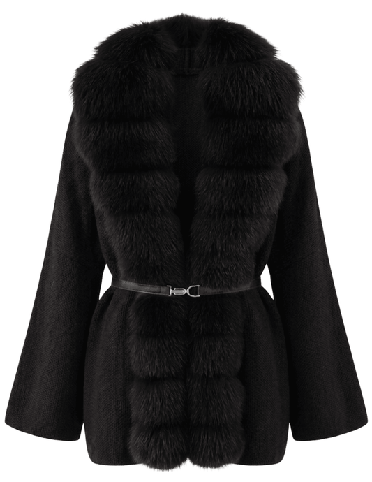 Steven Dann Georgia Fox Collar Belted Cardigan in All Black