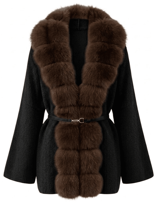Steven Dann Georgia Fox Collar Belted Cardigan in Black