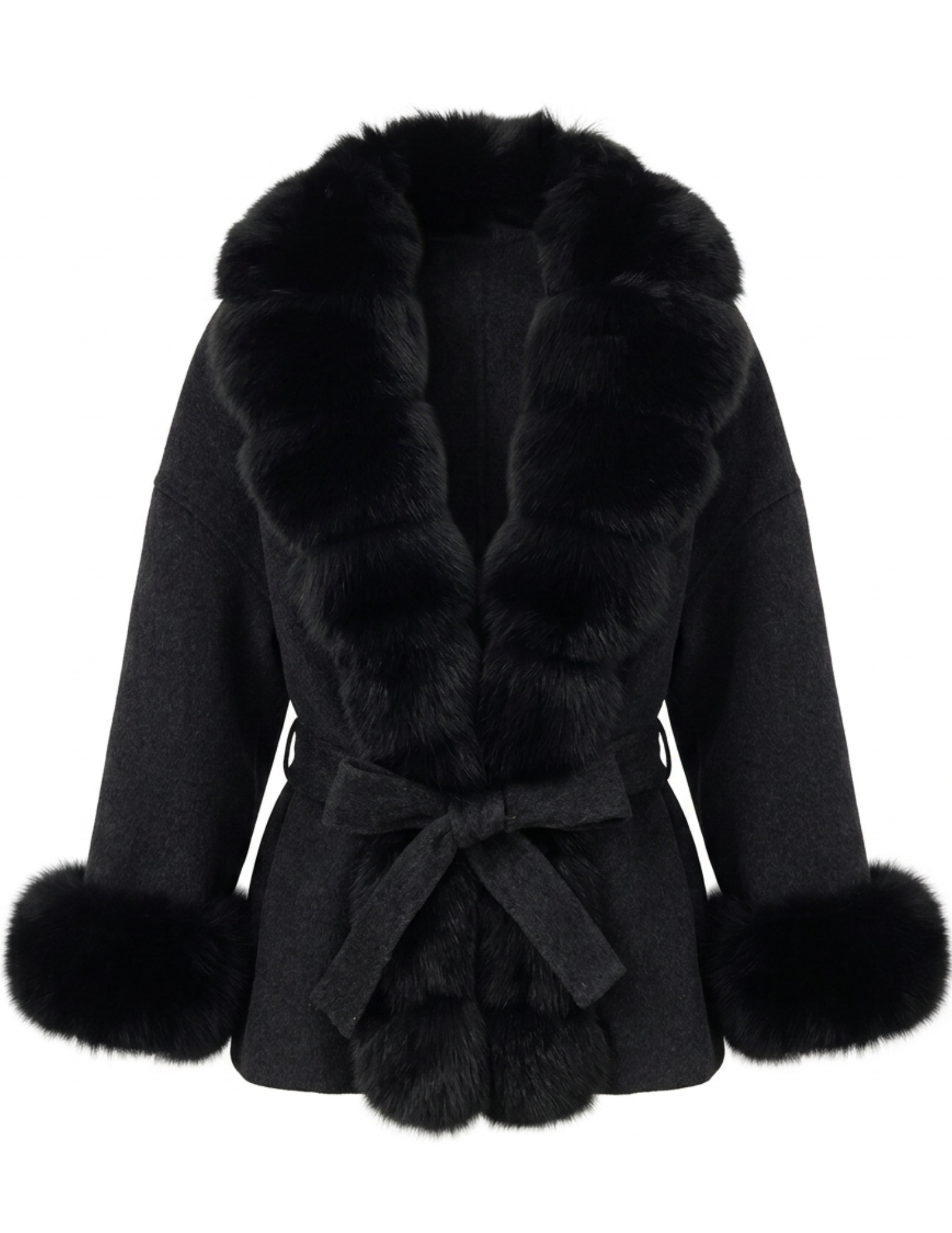 Steven Dann Lexi Fox Trim Wool Wrap Coat in Black & Charcoal