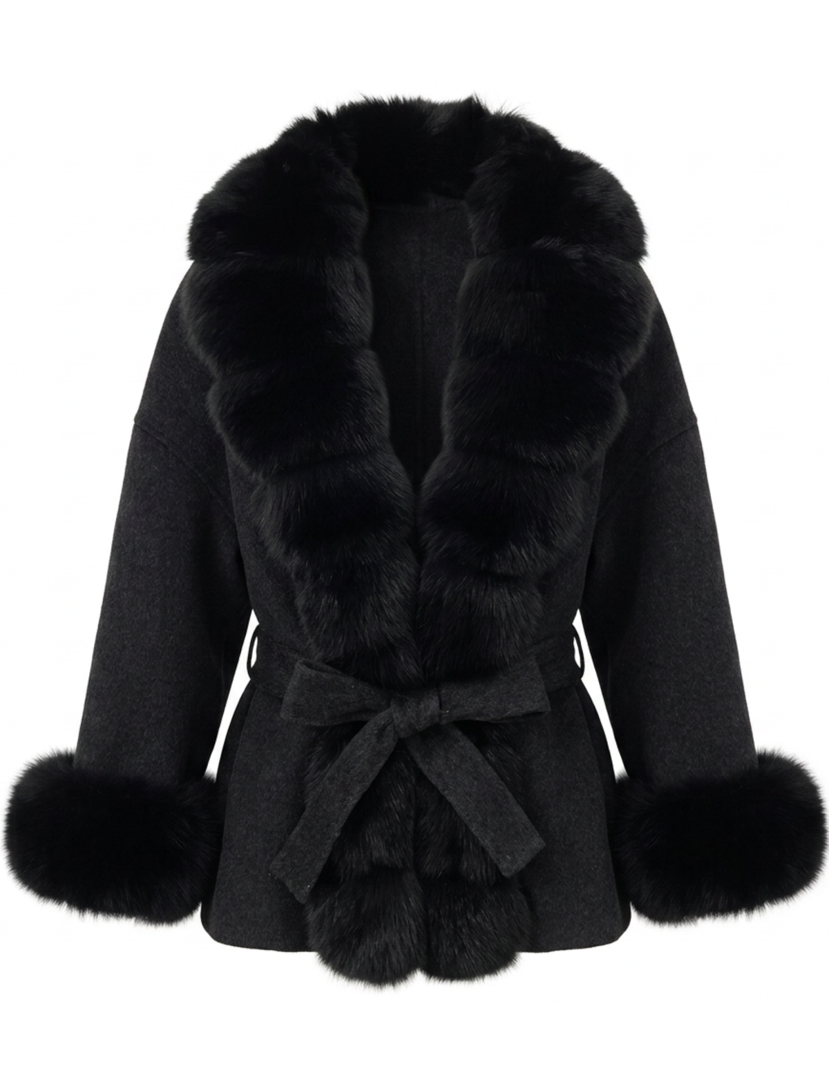 Steven Dann Lexi Fox Trim Wool Wrap Coat in Black & Charcoal