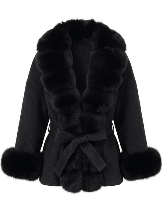 Steven Dann Lexi Fox Trim Wool Wrap Coat in Black & Charcoal