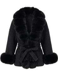 Steven Dann Lexi Fox Trim Wool Wrap Coat in Black & Charcoal