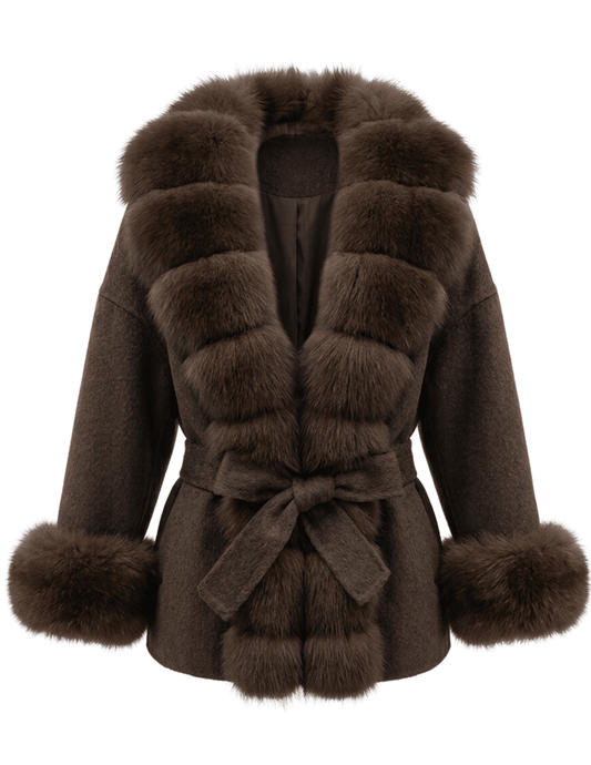 Steven Dann Lexi Fox Trim Wool Wrap Coat in Brown & Sable